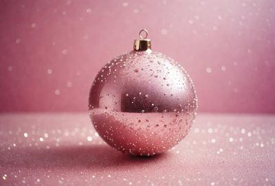 The primary subject of the image is a pink glittery Christmas ornament. The ornament is placed on a pink background, which adds a festive touch to the scene. The visual style of the image is a close-up of the ornament, showcasing its details and texture. The colors and mood of the image are predominantly pink, creating a warm and celebratory atmosphere.